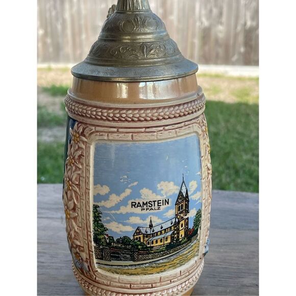 Vintage German Beer Stein Handmade Handpainted Pewter Lid Ramstein Pfalz Town - Picture 9 of 15